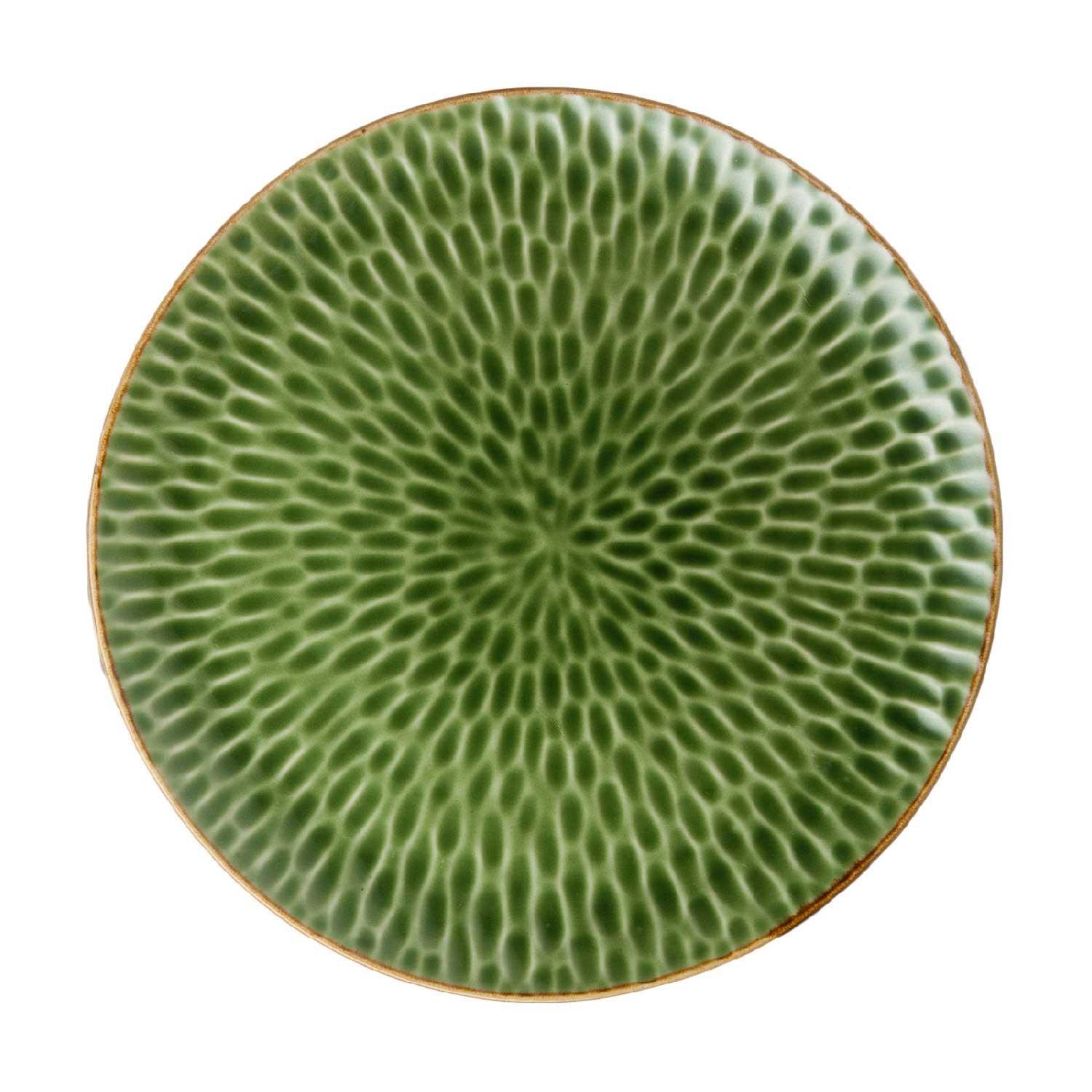 Hammered Dinner Plate Green Gloss With Brown Rim