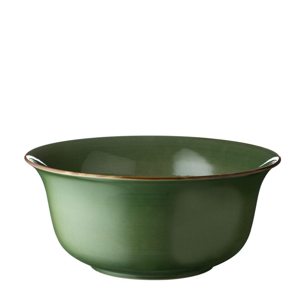 Large Classic Curved Serving Bowl Green Gloss With Brown Rim